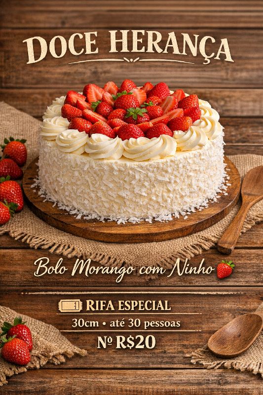 ✨🎉 SORTEIO ESPECIAL – DOCE HERANÇA 🎉✨Que tal ganhar um bolo lindo e delicioso pra sua comemoração? 🍓💗🍰 Bolo Morango com Creme de Ninho🥥 Massa macia e fofinha🍓 Duas camadas generosas de recheio cremoso com morangos frescos🎂 Acabamento artesanal e sabor irresistível📏 30 cm⚖️ Aproximadamente 3 a 3,5 kg👨‍👩‍👧‍👦 Serve em média 25 a 30 pessoas💰 Valor: R$240,00